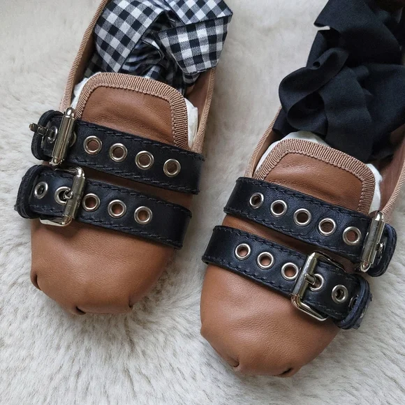 Miu Miu Balletcore Tie Up Belted Leather Ballerina Flats - Picture 6 of 15